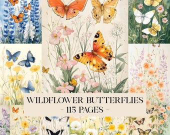 Wildflower Butterflies Digital Papers, Shabby Chic Journal, Flowers Pages, Flower Junk Journal Pages, Printable Ephemera, Flowers Pattern