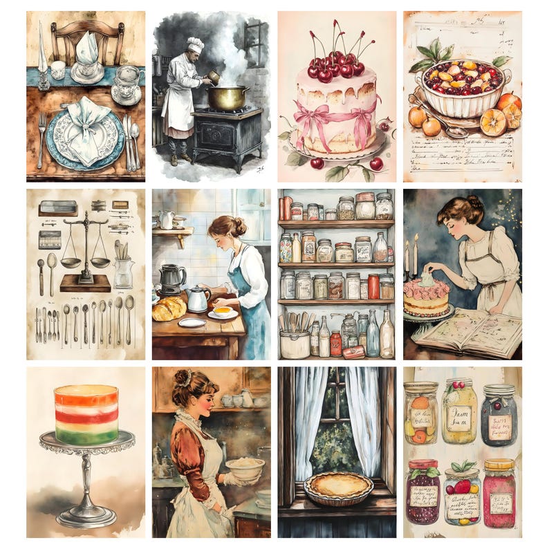Pode incluir: Uma cole&ccedil;&atilde;o de ilustra&ccedil;&otilde;es em aquarela retratando v&aacute;rias cenas relacionadas &agrave; cozinha e &agrave; comida. As imagens incluem uma mesa posta, um chef cozinhando, um bolo com cerejas, uma tigela de frutas, utens&iacute;lios de cozinha, uma mulher cozinhando, prateleiras de potes, uma mulher decorando um bolo, um bolo em camadas, uma mulher segurando uma tigela, uma torta e potes de conservas.