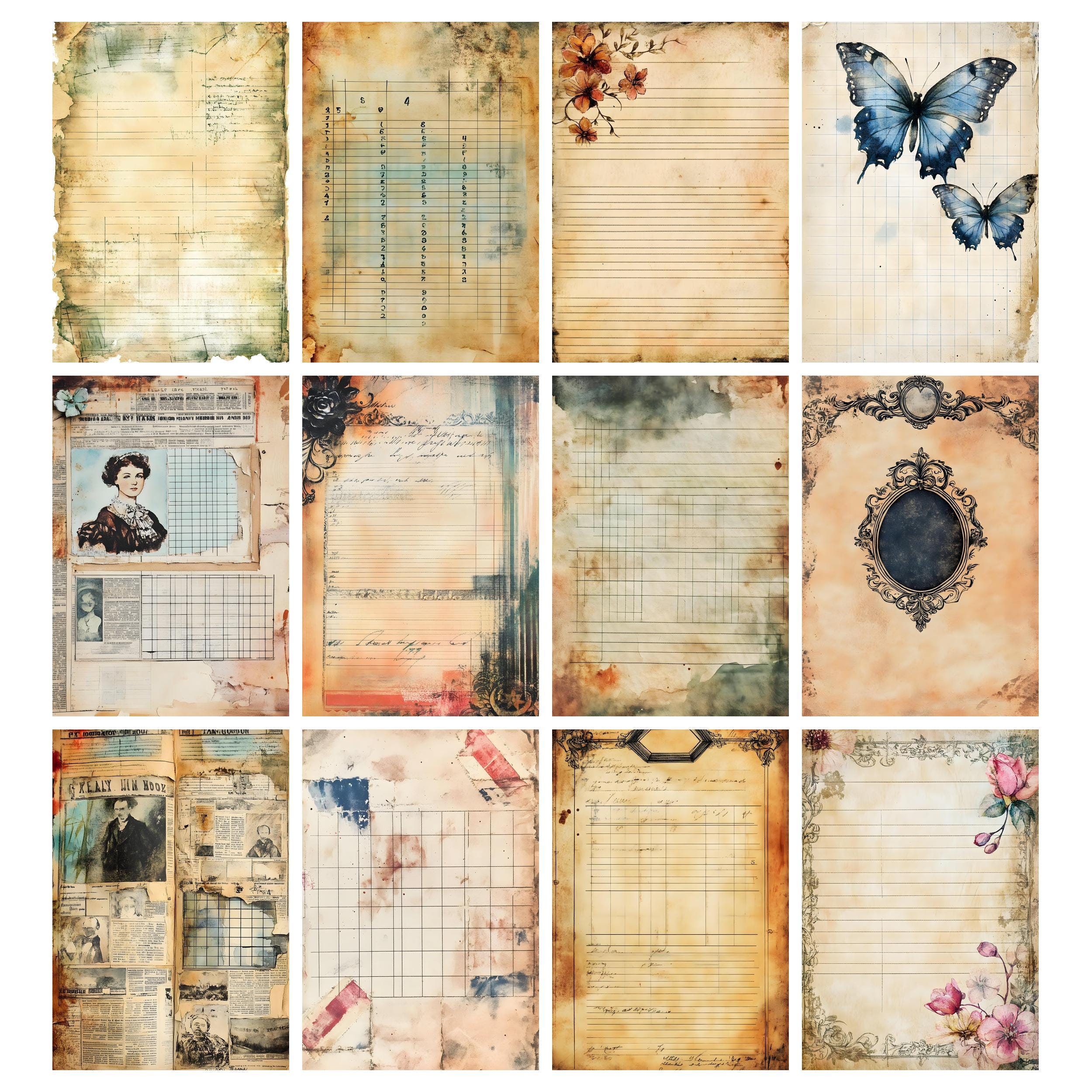 Shabby Lined Junk Journal Pages, Grid Lined Papers, Old Paper Texture ...