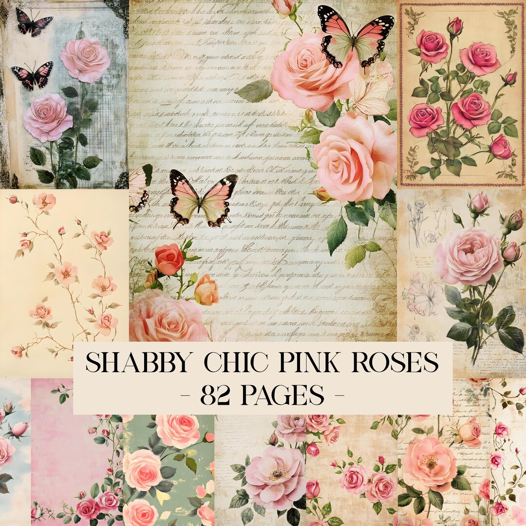Digital Junk Journal Kit, Shabby Chic Pink Roses Journal Pages, Digital ...