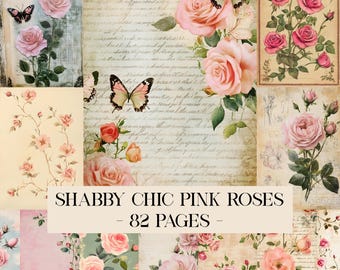 Digital Junk Journal Kit, Shabby Chic Pink Roses Journal Pages, Digital Roses Papers, Ephemera, Printable Scrapbooking Decorative Paper