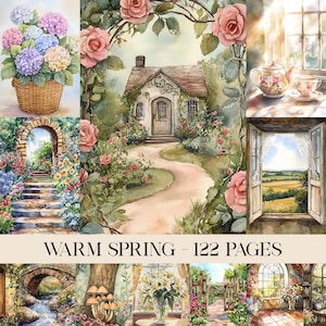 Warm Frühling Scrapbook Junk Journal Wand Kunst, Cottagecore Dekor, Retro Shabby Chic Cottage, Vintage Cottage, Vintage Ephemera, digitales Papier