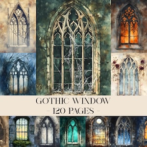 May include: A selection of watercolour illustrations depicting gothic windows in diverse styles and colours. The text "Gothic Window - 120 Pages" is shown beneath the images. The windows feature intricate details against textured backgrounds.