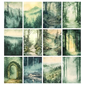May include: A collection of twelve watercolor paintings depicting serene forest landscapes. Each piece features misty mountains, towering trees, and pathways, rendered in shades of green, gray, and brown. The artwork evokes a sense of tranquility and natural beauty.