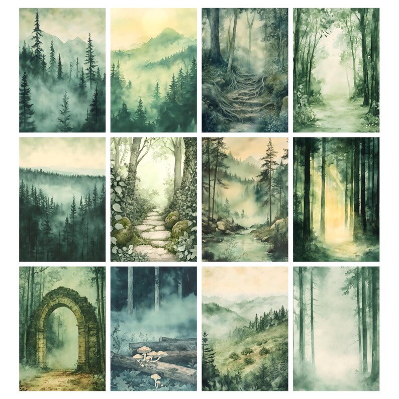May include: A collection of twelve watercolor paintings depicting serene forest landscapes. Each piece features misty mountains, towering trees, and pathways, rendered in shades of green, gray, and brown. The artwork evokes a sense of tranquility and natural beauty.
