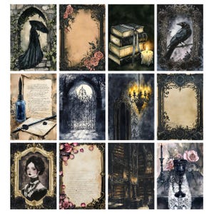 May include: A collection of watercolor gothic art prints. The prints feature a variety of dark and romantic themes, including a figure with an umbrella, roses, books, a raven, a woman in a frame, and a library.