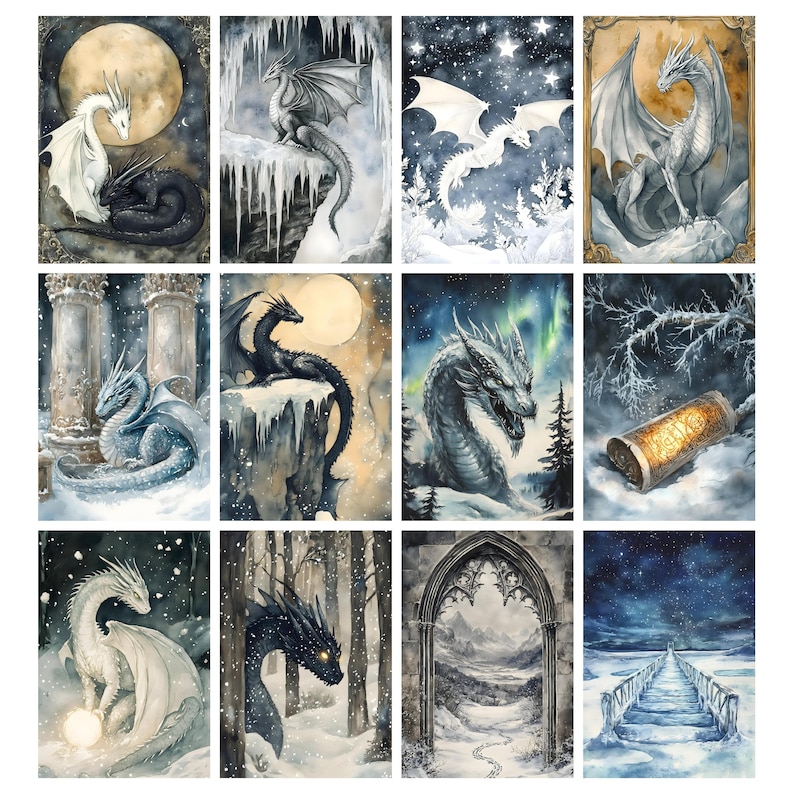 May include: A collection of twelve watercolor paintings featuring dragons in various winter scenes. Dragons are depicted in shades of white, black, and blue, set against snowy landscapes, moons, and starry skies. The artwork evokes a fantasy theme.