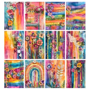 May include: A collection of twelve vibrant watercolor art prints. Each print features a unique floral design with a mix of colors including pink, orange, yellow, blue, and purple. Some prints incorporate lace and textured elements.