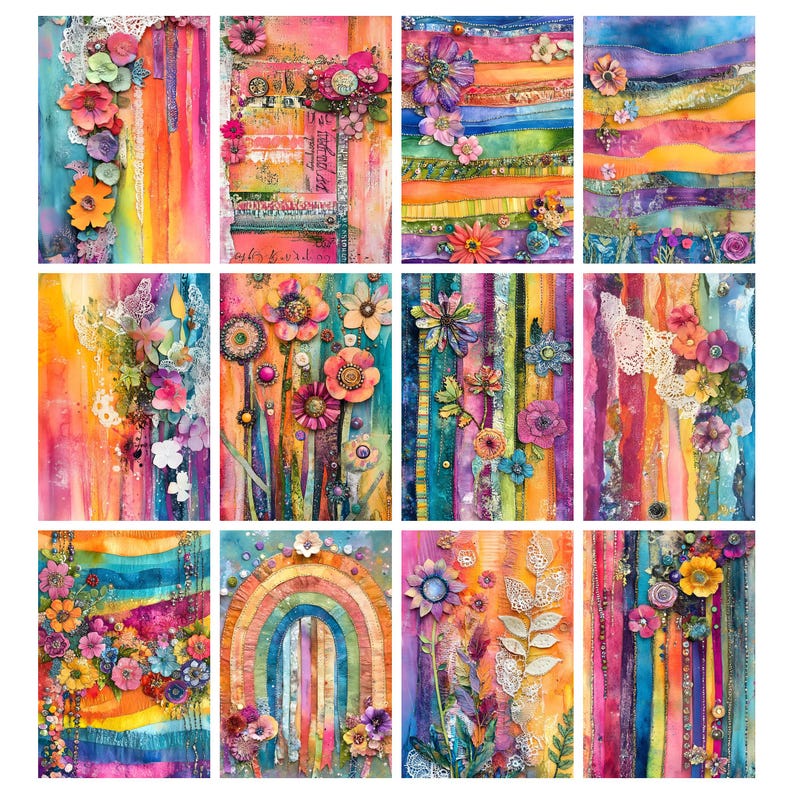 May include: A collection of twelve vibrant watercolor art prints. Each print features a unique floral design with a mix of colors including pink, orange, yellow, blue, and purple. Some prints incorporate lace and textured elements.