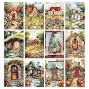 May include: Watercolor paintings of charming cottages and homes with red doors and roofs. The artwork features lush gardens, stone pathways, and a black cat. Some paintings include pumpkins and fall foliage.
