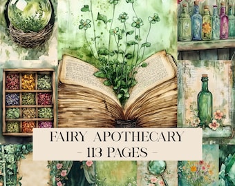 Fee apotheker digitaal papier botanische kortstondige vintage kruiden botanische apotheker kunst antieke drankje flessen kruiden plakboekpagina's