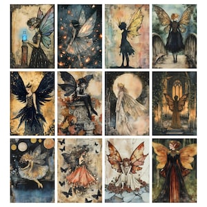 May include: A collection of twelve watercolor fairy art prints. Each print features a unique fairy with detailed wings, dressed in various gowns. The color palette includes blues, golds, and blacks, with some fairies set against moonlit or floral backgrounds.