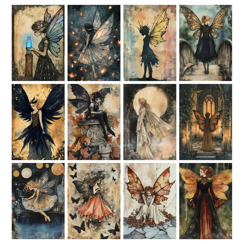 May include: A collection of twelve watercolor fairy art prints. Each print features a unique fairy with detailed wings, dressed in various gowns. The color palette includes blues, golds, and blacks, with some fairies set against moonlit or floral backgrounds.