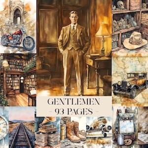 Puede incluir: Collage de acuarela con un hombre con traje marrón, una moto roja, un coche antiguo y una biblioteca. Se muestra el texto "GENTLEMEN - 93 PAGES". El tema general es vintage y clásico.