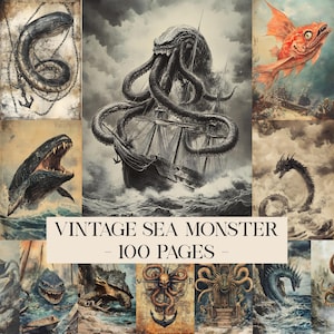 May include: A collection of vintage-style illustrations of sea monsters. The images feature various creatures, including a kraken attacking a ship, a whale, and a dragon. The text "VINTAGE SEA MONSTER - 100 PAGES" is displayed.