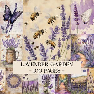 Puede incluir: Un collage de ilustraciones en acuarela con lavanda, mariposas y abejas. El texto "LAVENDER GARDEN - 100 PAGES" se muestra en la parte inferior. La obra de arte tiene un tema vintage y botánico.