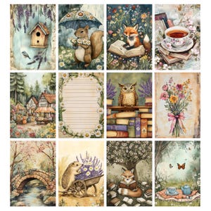 May include: A collection of twelve watercolor illustrations featuring whimsical scenes. The images depict a birdhouse, a squirrel with flowers, a fox reading, a teacup, a village scene, a lined paper, an owl on books, a bouquet, a bridge, a hedgehog with lavender, and a fox reading under a tree.