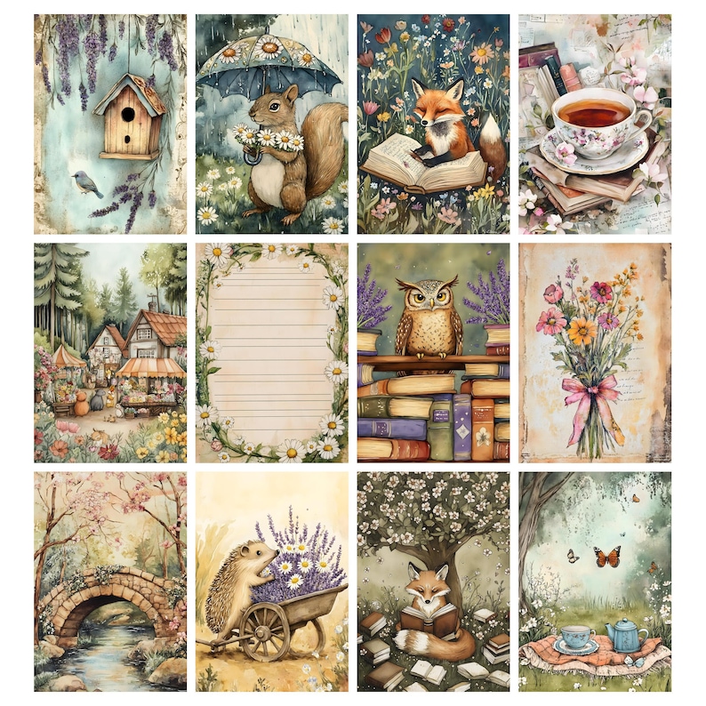 May include: A collection of twelve watercolor illustrations featuring whimsical scenes. The images depict a birdhouse, a squirrel with flowers, a fox reading, a teacup, a village scene, a lined paper, an owl on books, a bouquet, a bridge, a hedgehog with lavender, and a fox reading under a tree.
