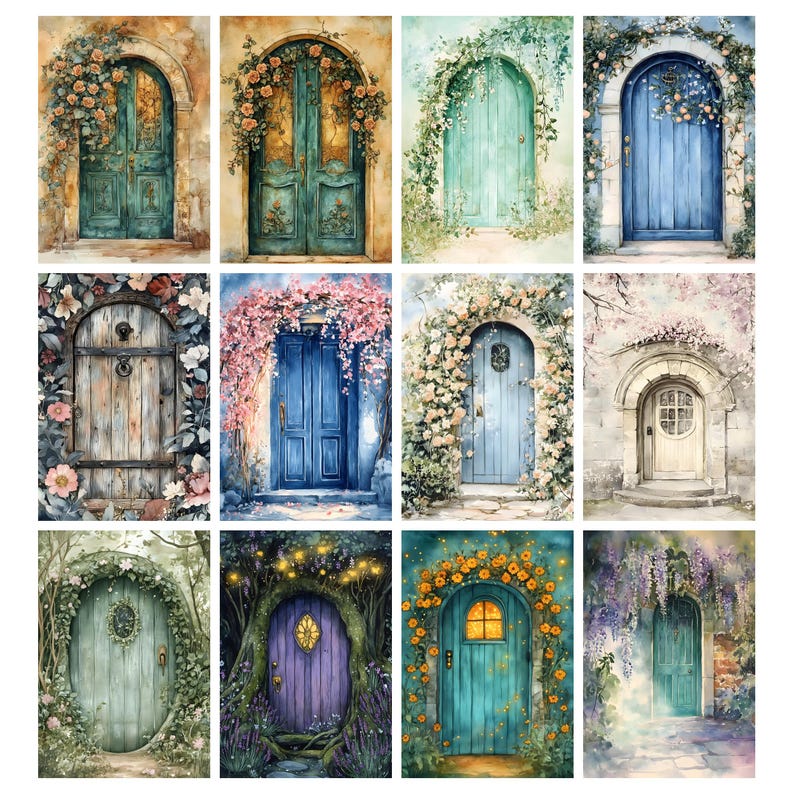 May include: A collection of watercolor paintings featuring arched doors adorned with flowers and foliage. The doors are painted in various colors, including teal, blue, and purple, and are surrounded by lush greenery and blooms. The artwork evokes a whimsical, fairytale aesthetic.