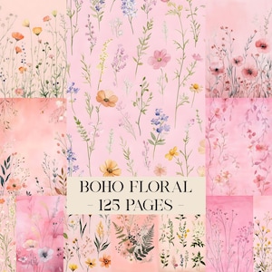 May include: A collection of pink watercolor floral designs. The image features various flowers and foliage in shades of pink, orange, yellow, and purple. The text "BOHO FLORAL - 125 PAGES -" is displayed in a cream-colored rectangle.