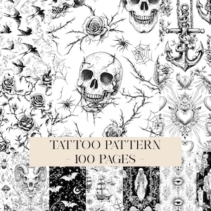 May include: A collection of black and white tattoo designs featuring skulls, roses, anchors, spiders, webs, bats, ships, and eyes. The image includes a central beige rectangular label with the text TATTOO PATTERN - 100 PAGES - printed in black.