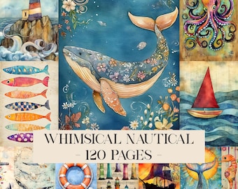 Whimsical Nautical Junk Journal Pages, Ocean Printable Papers, Vintage Maritime Ephemera, Sea Life Scrapbook Kit, Coastal Paper Pack Digital