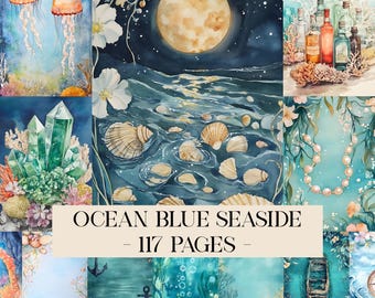 Ocean Blue Seaside Junk Journal Pages, Coastal Beach Printable Ephemera Paper, Sea Underwater Animal Scrapbook Collage, Sand Background Page