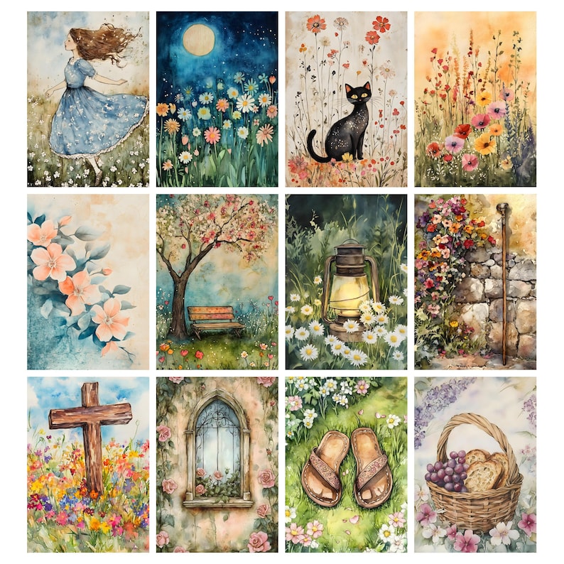 K&ouml;nnte beinhalten: Eine Sammlung von zw&ouml;lf Aquarellmalereien mit verschiedenen Naturszenen. Die Kunstwerke zeigen ein M&auml;dchen in einem blauen Kleid, eine Nachtszene mit Vollmond, eine schwarze Katze in einem Blumenfeld und ein Kreuz in einem Blumenfeld.