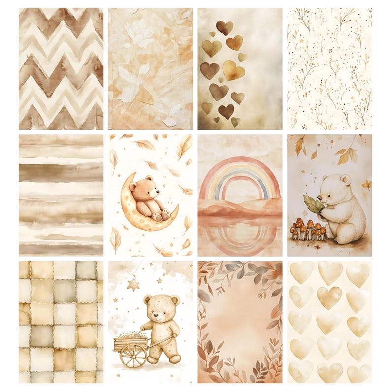May include: A collection of twelve watercolor art prints in soft, neutral tones. The prints feature various designs, including chevron patterns, hearts, a rainbow, a teddy bear on a crescent moon, and a bear with a leaf. The overall theme is gentle and whimsical.