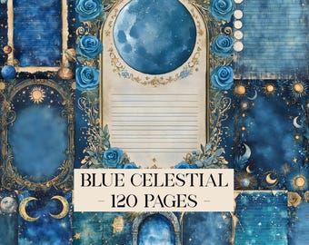 Blue Celestial Writing Pages, Witchy Junk Journal Pages, Printable Lined Paper Grimoire Moon Stars Scrapbook Papers Cosmic Mystical Ephemera