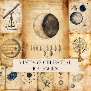 Pode incluir: Uma coleção de 109 páginas com ilustrações celestiais vintage, incluindo diagramas de um telescópio, fases lunares, órbitas planetárias e uma esfera armilar em papel pergaminho envelhecido com o texto VINTAGE CELESTIAL - 109 PAGES.