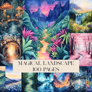 Può includere: Una collezione di dipinti ad acquerello con paesaggi magici. Le immagini mostrano scene con colori vivaci, tra cui una foresta con funghi, una catena montuosa e un sentiero attraverso una foresta di fiori di ciliegio rosa. Il testo recita "MAGICAL LANDSCAPE - 100 PAGES".