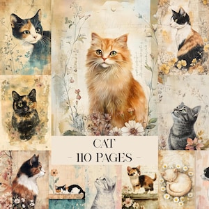 May include: A collage of cat illustrations in a vintage style. The images feature various cat breeds in different poses, surrounded by floral elements. The text "CAT - 110 PAGES" is displayed in the center.