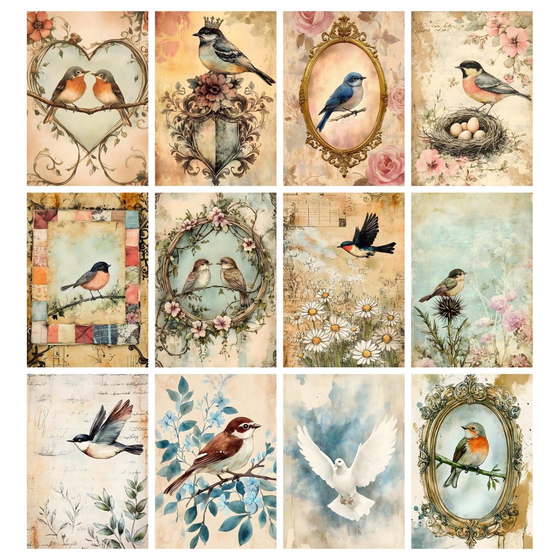 Vintage Birds Junk Journal Pages, Bird Aged Printable Ephemera, Birds ...