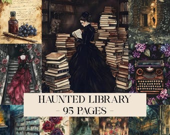 Haunted Library Junk Journal Printable Kit Gothic Victorian Ghosts Dark Academia Magical Scrapbook Papers Witches Ephemera Digital Download