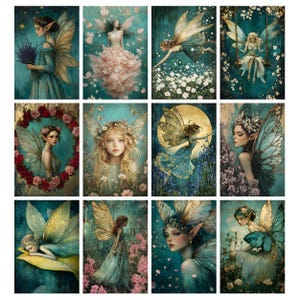 Puede incluir: Una colecci&oacute;n de doce grabados de arte fant&aacute;stico que representan hadas et&eacute;reas con delicadas alas. Cada obra de arte muestra un hada diferente en varias poses, rodeada de flores y luz suave. La paleta de colores incluye azules, verdes y dorados, creando una atm&oacute;sfera caprichosa y encantadora.