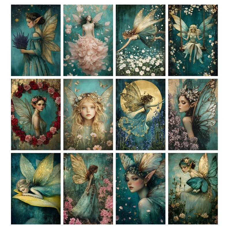 Puede incluir: Una colecci&oacute;n de doce grabados de arte fant&aacute;stico que representan hadas et&eacute;reas con delicadas alas. Cada obra de arte muestra un hada diferente en varias poses, rodeada de flores y luz suave. La paleta de colores incluye azules, verdes y dorados, creando una atm&oacute;sfera caprichosa y encantadora.