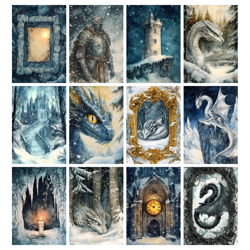 May include: A collection of twelve watercolor paintings featuring fantasy themes. The images depict dragons, castles, knights, and snowy landscapes. Each painting has a unique composition and color palette, with a focus on blues, whites, and golds.