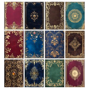 Puede incluir: Una colecci&oacute;n de doce cubiertas de libros antiguos con intrincados dise&ntilde;os de filigrana dorada. Las cubiertas presentan varios colores, incluyendo burdeos, azul marino, marr&oacute;n y verde azulado. Cada cubierta tiene un dise&ntilde;o central &uacute;nico, como patrones florales o medallones.