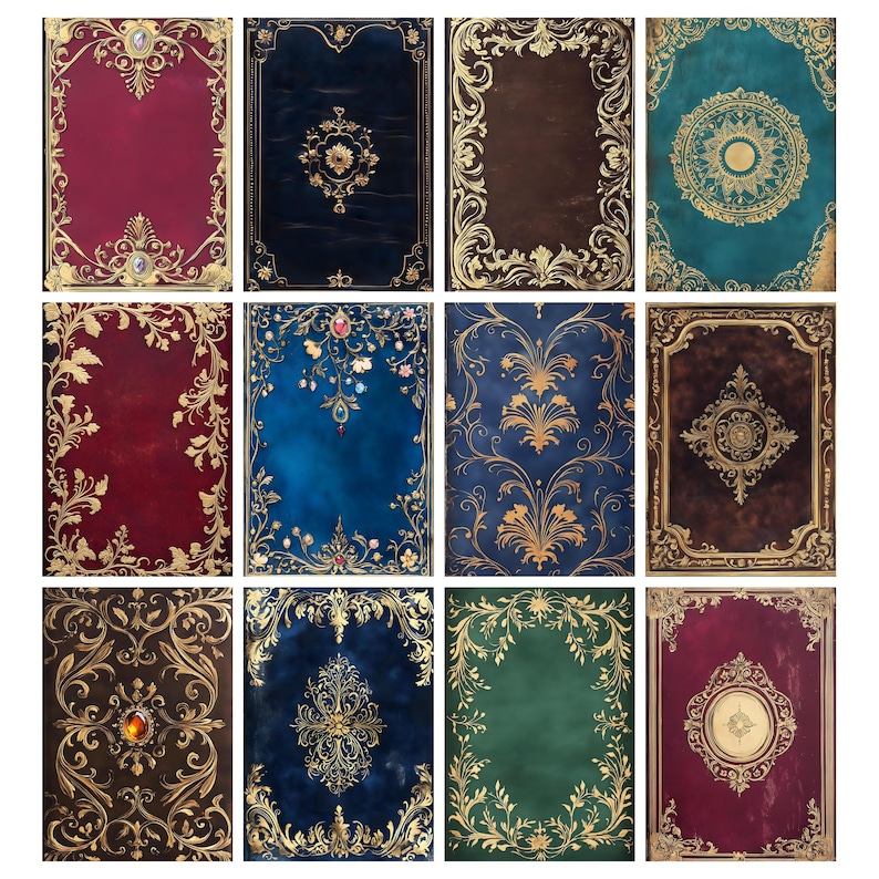 Puede incluir: Una colecci&oacute;n de doce cubiertas de libros antiguos con intrincados dise&ntilde;os de filigrana dorada. Las cubiertas presentan varios colores, incluyendo burdeos, azul marino, marr&oacute;n y verde azulado. Cada cubierta tiene un dise&ntilde;o central &uacute;nico, como patrones florales o medallones.