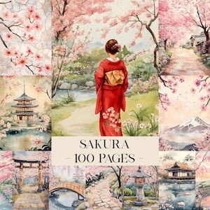 以下が含まれることがあります： 日本の桜と伝統的な風景を描いた水彩イラストのコラージュ。赤い着物を着た女性が庭に立っています。「SAKURA - 100 PAGES」というテキストが表示されています。