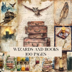 May include: A collage featuring watercolor illustrations of a train, castle, owl, stacked suitcases, and books. The text "Wizards and Books - 100 Pages" is displayed in the center, with a vintage, aged paper aesthetic.