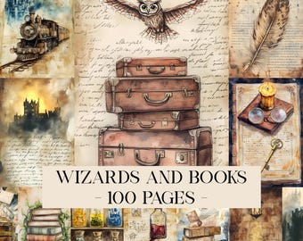 Puede incluir: Un collage con ilustraciones en acuarela de un tren, un castillo, un búho, maletas apiladas y libros. El texto "Wizards and Books - 100 Pages" se muestra, con una estética de papel envejecido vintage.