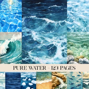 Könnte beinhalten: Eine Sammlung von Aquarellmalereien, die verschiedene Wasserszenen darstellen. Die Bilder zeigen Meereswellen, klares Wasser mit Sonnenreflexen und Unterwasseransichten mit Felsen und Fischen. Der Text "PURE WATER - 123 PAGES" ist zu sehen.
