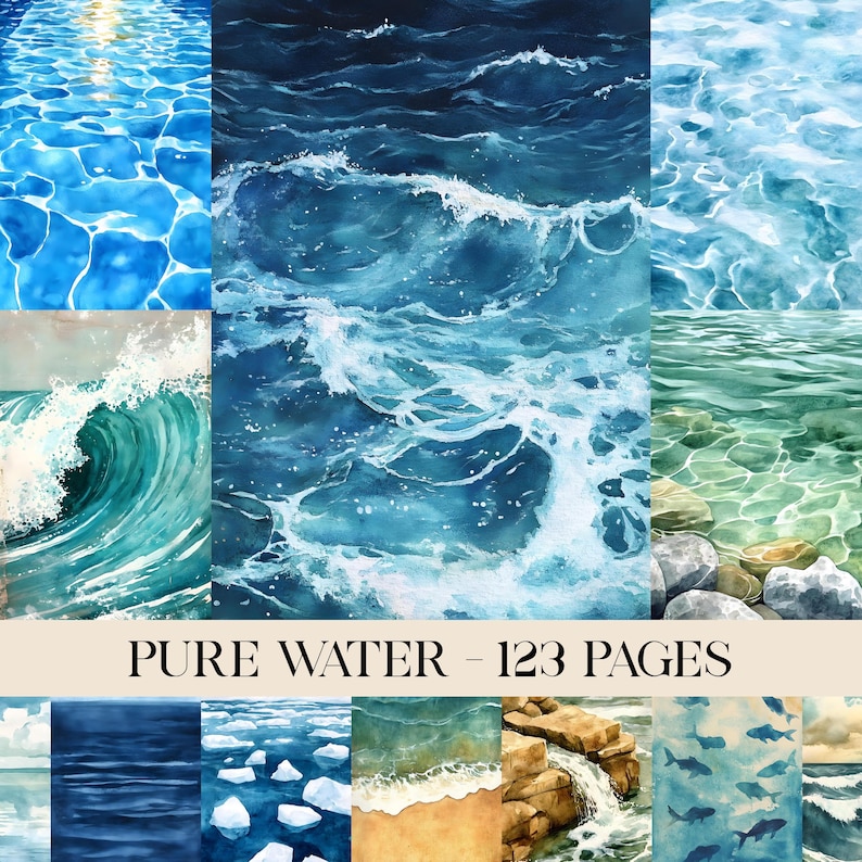 Op de afbeelding: Een verzameling aquarel schilderijen die verschillende water sc&egrave;nes uitbeelden. De afbeeldingen tonen oceaangolven, helder water met zonreflecties en onderwaterzichten met rotsen en vissen. De tekst "PURE WATER - 123 PAGES" is zichtbaar.