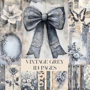 Könnte beinhalten: Eine Collage von Bildern im Vintage-Stil in Grautönen, mit floralen Mustern, Schmetterlingen und einer großen Schleife mit Spitzenbesatz. Der Text "VINTAGE GREY - 113 PAGES -" ist zu sehen. Das Gesamtthema ist eine Vintage-Ästhetik.