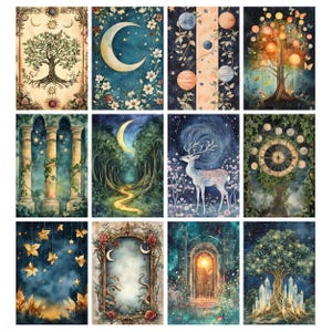 May include: A collection of twelve watercolor art prints featuring celestial and nature-inspired designs. Each print showcases elements like moons, trees, stars, and animals in a mystical and whimsical style. The color palette includes blues, greens, and golds.