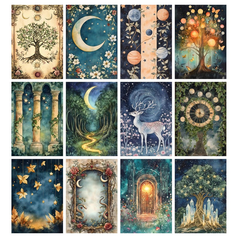 May include: A collection of twelve watercolor art prints featuring celestial and nature-inspired designs. Each print showcases elements like moons, trees, stars, and animals in a mystical and whimsical style. The color palette includes blues, greens, and golds.