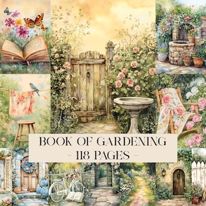 Può includere: Illustrazione ad acquerello di un libro intitolato "Book of Gardening - 118 Pages" con scene di giardino. Le scene includono un cancello di legno, una vasca per uccelli, un pozzo, una bicicletta e una sedia con una coperta floreale.