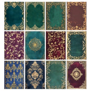 Puede incluir: Una colecci&oacute;n de doce cubiertas de libros decorativas con dise&ntilde;os de filigrana dorada ornamentada. Las cubiertas presentan una variedad de colores, incluyendo verde azulado, burdeos y azul, con patrones florales y geom&eacute;tricos.